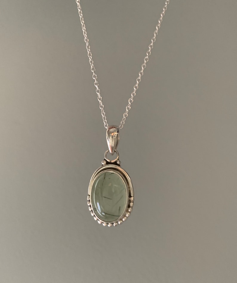 Prehnite necklace, Delicate necklace, Boho necklace, prehnite oval necklace, Sterling silver prehnite necklace, healing stone, gift for her image 1