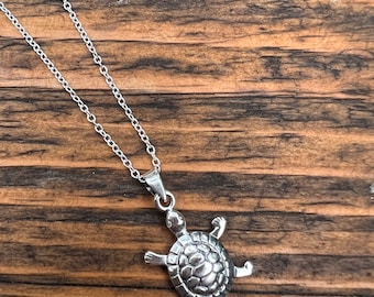 Sterling Silver Turtle Pendant Necklace: Dainty Minimalist Sea Turtle