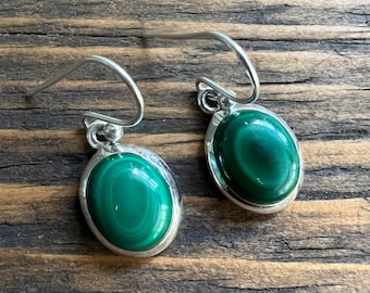 Sterling Silver Malachite Earrings: Classic Oval Green Earrings