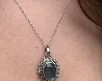 Faceted Labradorite Sterling Silver Necklace: Boho Sun Pendant