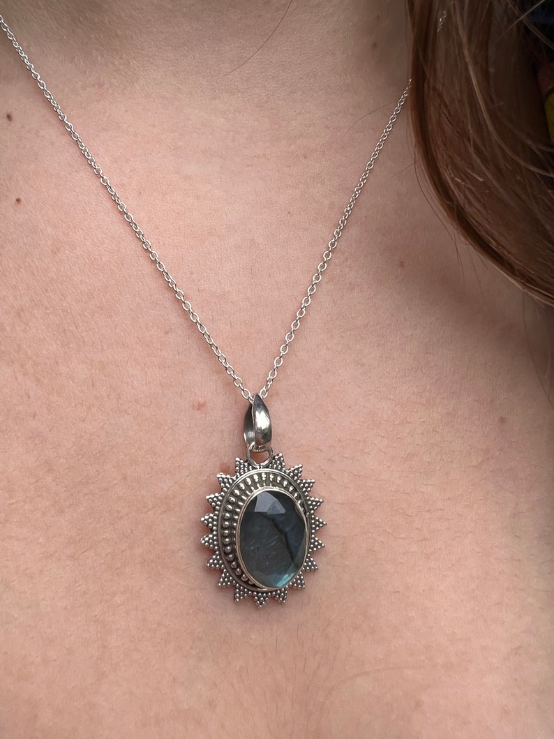 Faceted Labradorite necklace, Boho Labradorite necklace, Oval sun necklace Sterling silver, Gift for her, Labradorite boho necklace image 1