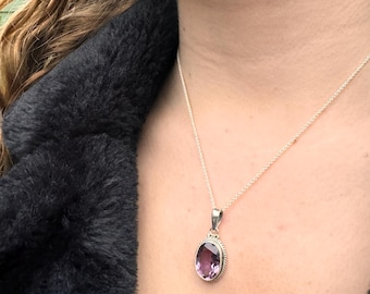 Faceted Oval Amethyst Necklace: Dainty Sterling Silver Boho Pendant