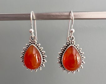 Sterling Silver Carnelian Earrings: Teardrop Boho August Birthstone Gift