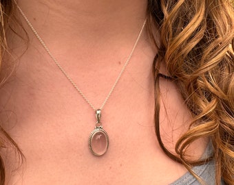 Sterling Silver Rose Quartz Necklace: Delicate Boho Oval Pendant