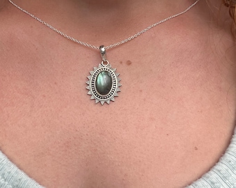 Sterling Silver Sunburst Labradorite Necklace - Boho Oval Pendant