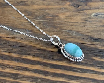 Larimar silver necklace, Delicate necklace, Boho Larimar necklace, Blue oval necklace, Sterling silver Larimar necklace