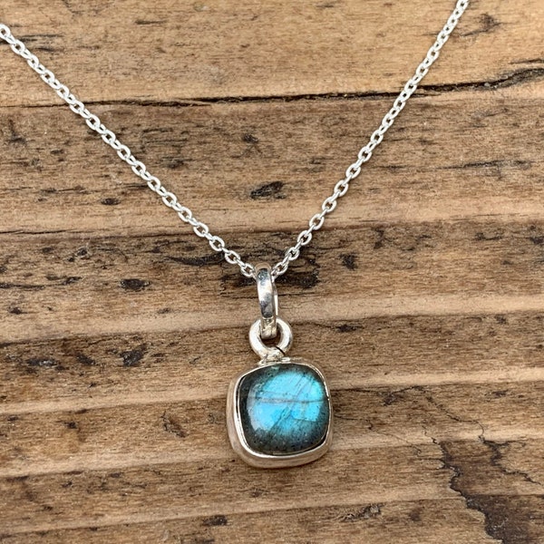 Labradorite/black moonstone necklace, Minimalist Labradorite necklace Delicate necklace, Square pendant Sterling silver labradorite necklace
