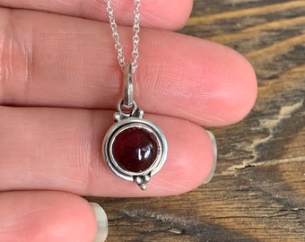 Tiny garnet necklace, Delicate necklace, Boho garnet necklace, Garnet circle necklace, Sterling silver garnet necklace, Christmas gift