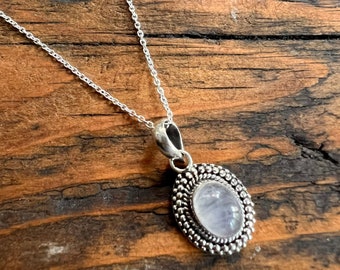 Sterling Silver Rainbow Moonstone Necklace: Delicate Boho Oval Pendant