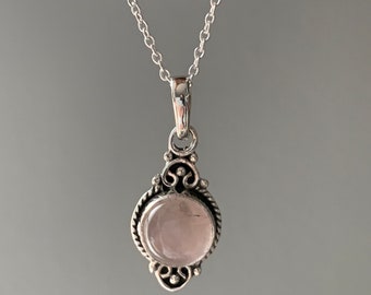 Sterling Silver Rose Quartz Necklace: Delicate Boho Pendant
