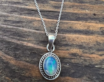 Ethiopian Opal Sterling Silver Necklace - Minimalist Delicate Design