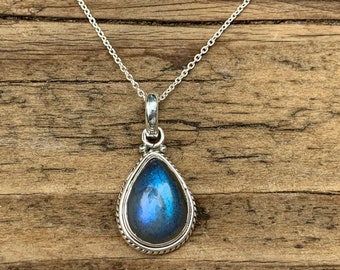 Sterling Silver Teardrop Labradorite Necklace, Boho Jewelry