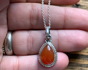 Sterling Silver Carnelian Necklace: Teardrop Sunburst, August Birthstone