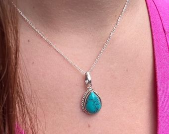 Sterling Silver Teardrop Turquoise Necklace, Boho Style Pendant