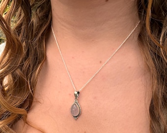 Teardrop Rose Quartz Necklace: Sterling Silver Boho Pendant