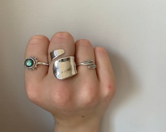 Adjustable Statement Silver Ring: Ridged Chunky Thumb Ring