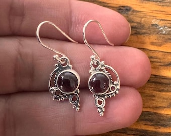 Sterling Silver Garnet Earrings: Oval Boho January Birthstone
