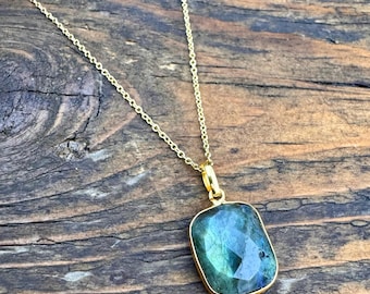 18K Gold Plated Sterling Silver Dainty Labradorite  Necklace: Minimalist Jewelry