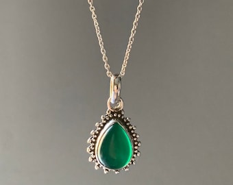 Teardrop Green Onyx Sterling Silver Necklace: Delicate Boho Green Jewelry