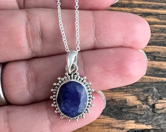 Faceted Sapphire Necklace: Sterling Silver Boho Pendant, September Birthstone