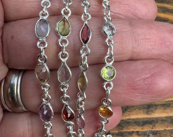 Dainty Gemstone Sterling Silver Bracelet: Faceted Garnet, Amethyst, Peridot, Citrine, Topaz