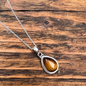 Teardrop Tiger Eye Sterling Silver Necklace: Healing Stone Pendant