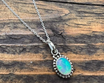 Tiny Ethiopian Opal Necklace: Minimalist Sterling Silver Pendant