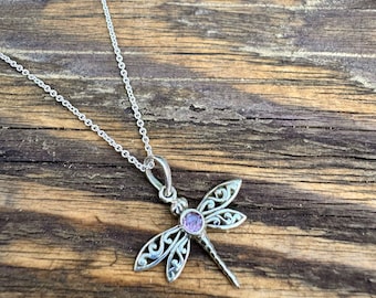 Sterling Silver Dragonfly Necklace: Filigree Gemstone Pendant