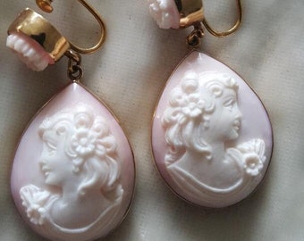 Large Teardrop Pink Cameo Earrings In 14k