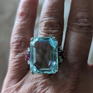Huge Aquamarine Ring With Diamond And Rubies Mid Century