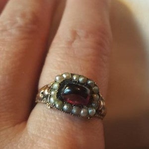 Georgian High Cabochon Garnet Seed Pearl Ring