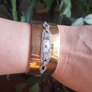 Wide 14k Hinged Bracelet With Art Deco Diamond Watch
