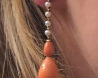 Antique Large Coral and Pearl Drop Earrings