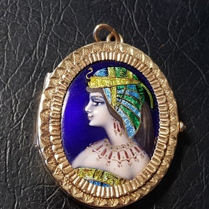 Large French Limoges Enamel Locket in 14K With Cleopatra