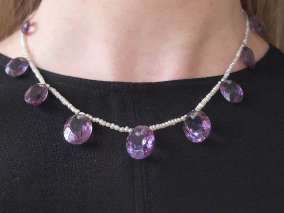 Early Victorian Seed Pearl And Amethyst Drop Neck… - image 2