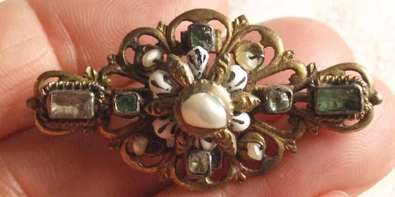 Austro Hungarian Pearl And Emerald Brooch