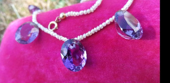 Vintage Amethyst Pearl Necklace 9ct Gold 27ct Of Amethyst