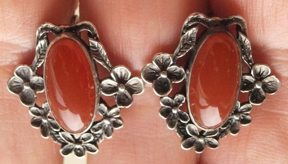 Art Nouveau Carnelian Sterling Earrings - image 1