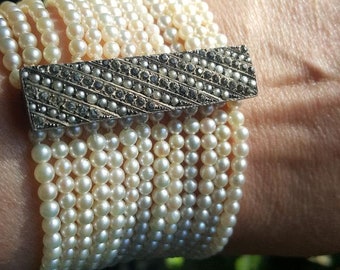 Antique 13 Strand Akoya Pearl Bracelet With Paste Clasp