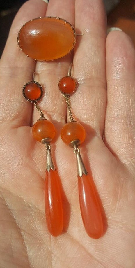 Eary Victorian Long Top And Drop Carneliun Earrings And Brooch