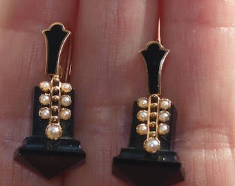 Victorian Onyx Pediment Earrings in Gold, Dangle Dangle!