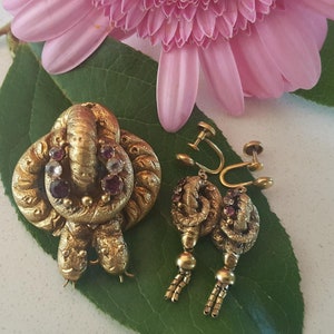 Victorian Gold Snake Brooch And Earrings Set