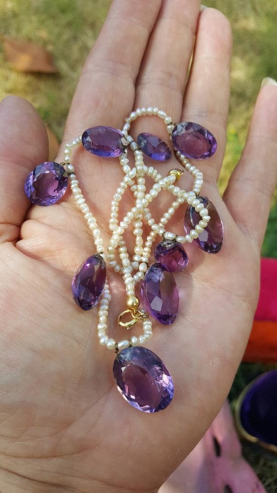 Early Victorian Seed Pearl And Amethyst Drop Neck… - image 1