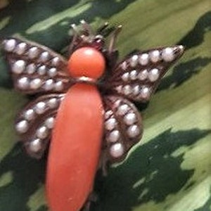 Victorian 9k Gold Coral And Seed Perl Butterfly Bug Pin