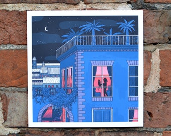 Nightfall art print - staying at home print - cat print - cityscape - city print - Illustration by Saffron Russell Studio
