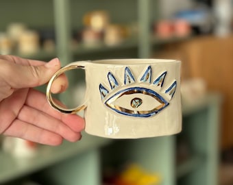 Evil Eye Mug Design Ceramic Handmade Pottery Mug Craft Gift Idea Coffee Cup Gift for Her Unique Personalized Birthday Anniversary Gift