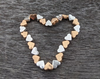 Conversation Heart Bracelet/Silver and Gold Heart Beaded Bracelet/Mixed Metal Valentine's Day Bracelet/Heart Bracelet Gold