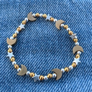 Zilveren ster en gouden maan kralenarmband/Celestial armband/Gouden maan armband/Zilveren ster armband/bol kralenarmband/Moonlight armband