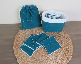 Toallita o juego de desmaquillante/toallitas para bebé 14/7/21 en esponja de bambú y gasa doble de algodón con o sin cesta/bolsa/red de lavado
