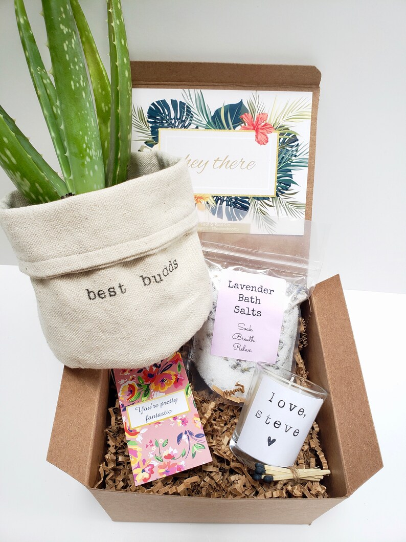 May include: A brown gift box filled with brown shredded paper. The box contains a small potted aloe vera plant in a white canvas pot with the text "best budds" embroidered on it, a small jar of lavender bath salts with the text "Lavender Bath Salts" and "Soak Breath Relax", a small glass candle with the text "love, steve" and a small heart, and a small card with the text "You're pretty fantastic" and floral designs.